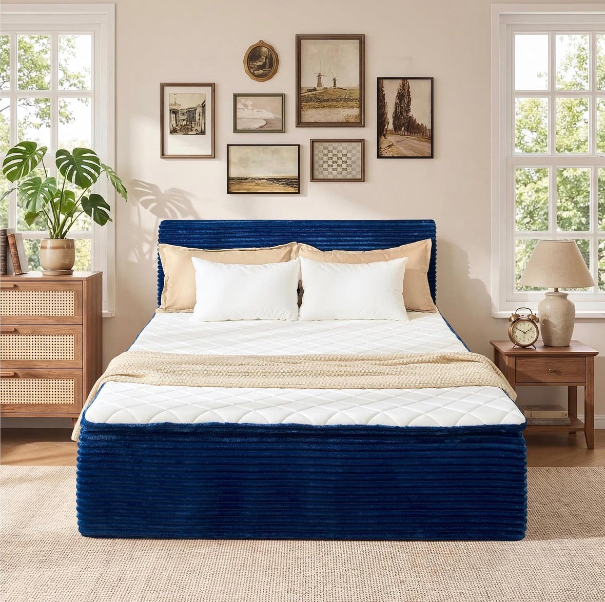 Somvera Queen Size Memory Foam Mattress with Plush Fabric Upholstered Bed Frame Platform