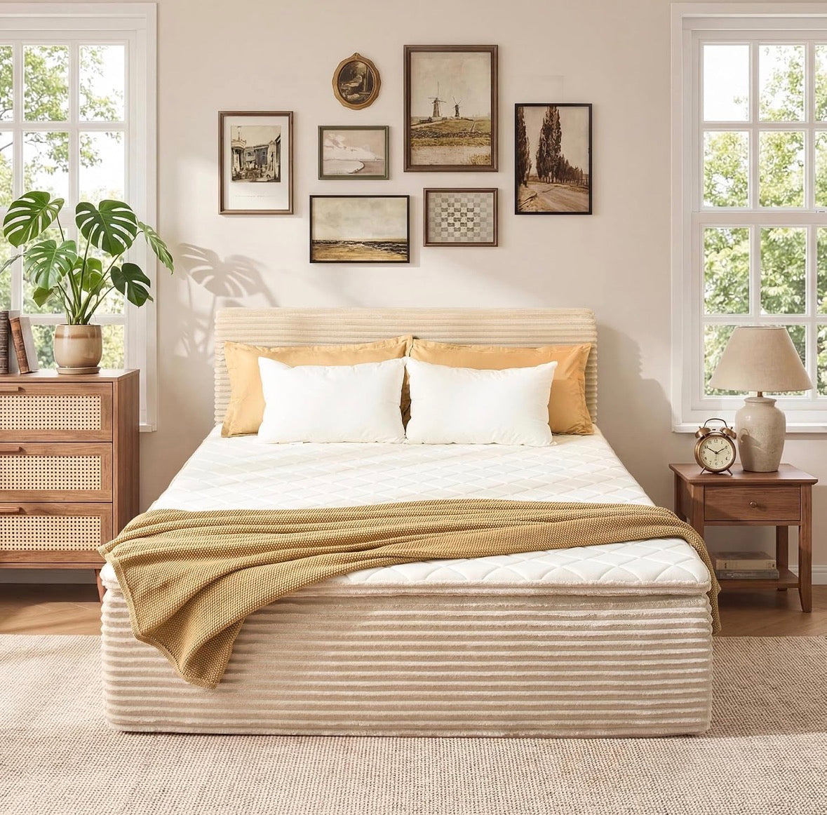 Somvera Queen Size Memory Foam Mattress with Plush Fabric Upholstered Bed Frame Platform