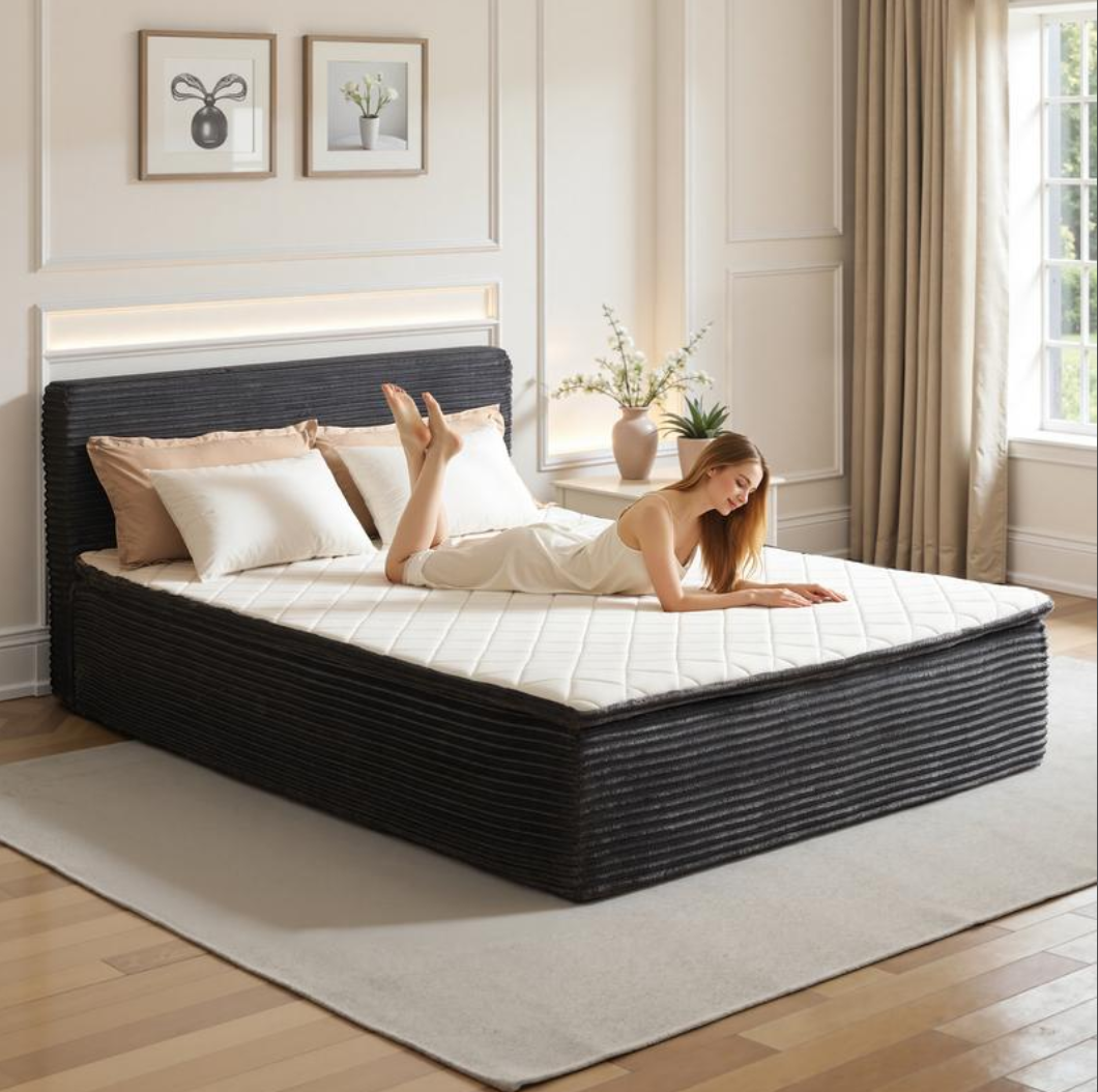 Somvera Queen Size Memory Foam Mattress with Plush Fabric Upholstered Bed Frame Platform