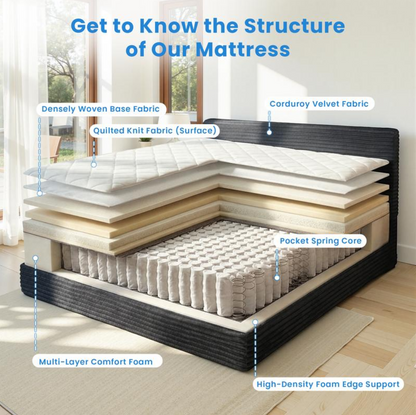 Somvera Queen Size Memory Foam Mattress with Plush Fabric Upholstered Bed Frame Platform