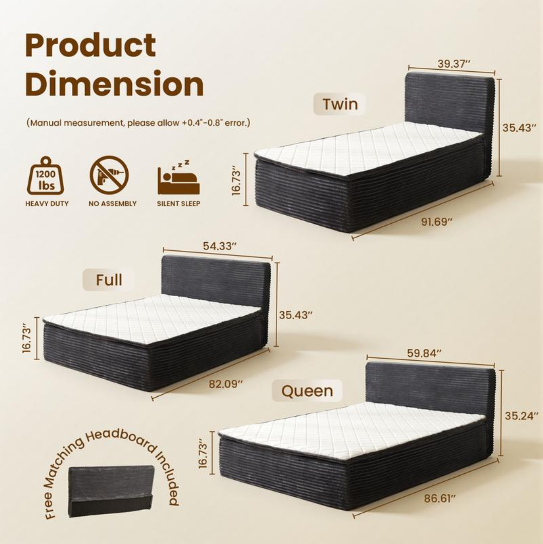Somvera Queen Size Memory Foam Mattress with Plush Fabric Upholstered Bed Frame Platform