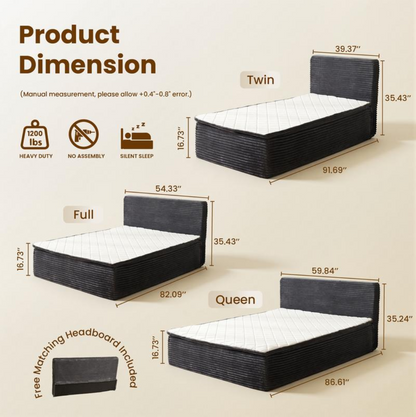 Somvera Queen Size Memory Foam Mattress with Plush Fabric Upholstered Bed Frame Platform